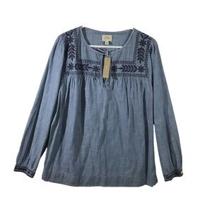 J. Crew Chambray Tie Front Shirts Long Sleeve Embroidered